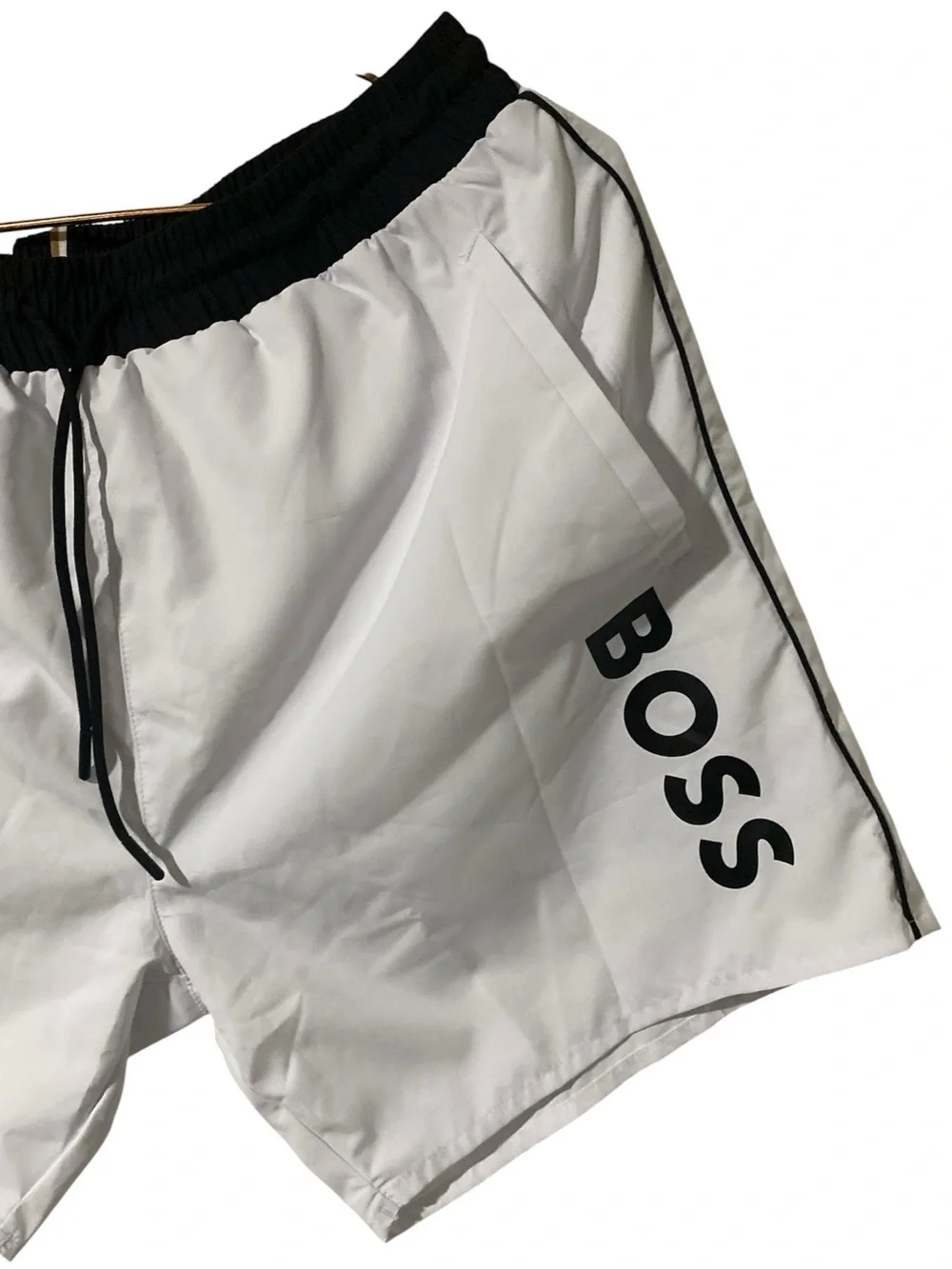 BOSS Men's White Athletic Shorts with Navy Waistband
